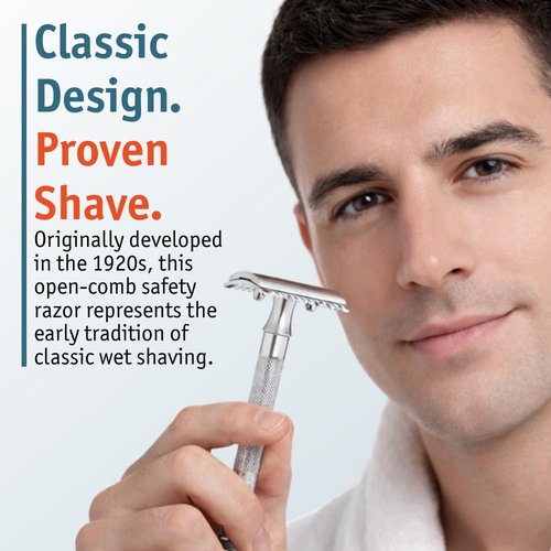 MERKUR 15C Double Edge Safety Razor - Bright Chrome Open Comb Design, Plastic-Free, Three-Piece