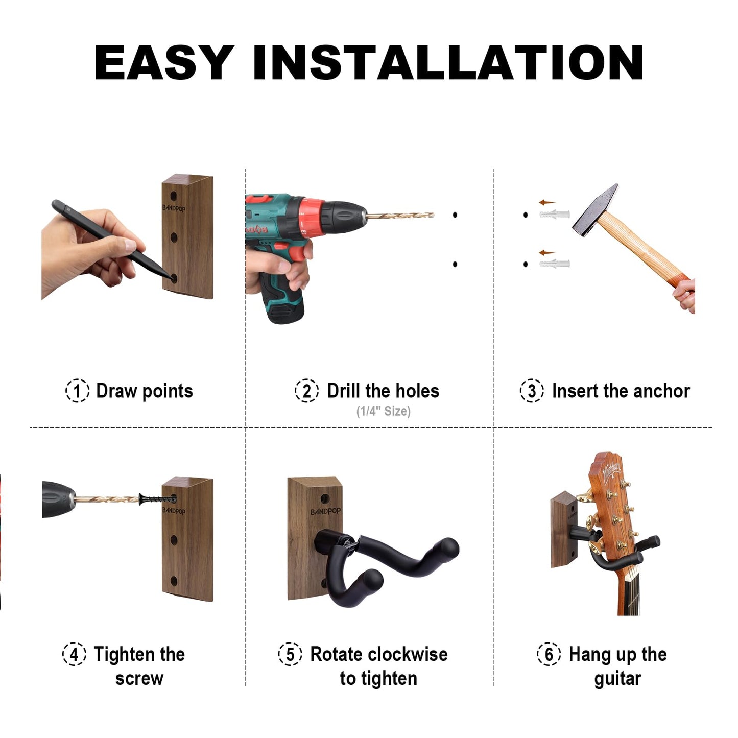 Bandpop Guitar Wall Mount - Solid Beech Wood Guitar Hanger with 5pcs Picks for Acoustic, Electric, Bass, Banjo, Mandolin