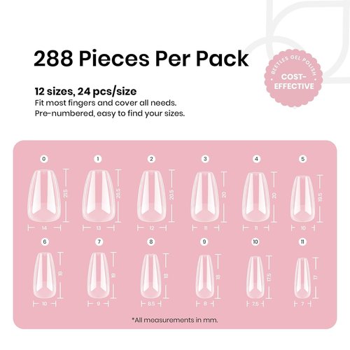 Beetles Gel Nail Tips Short Coffin Pre-Etched Nail Tips, 12 Sizes 288 Pcs Full Cover Soft Tips Half Matte False Nails Clear Acrylic Press on Nails Extension DIY Manicure Gifts for Women