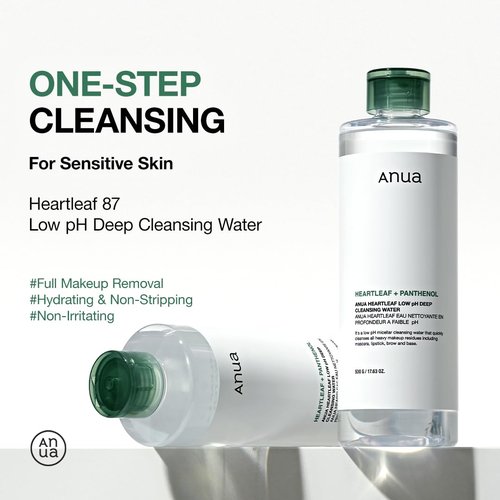 ANUA Heartleaf Cleansing Water - Low pH Micellar Makeup Remover for Sensitive Skin | 500g (17.63 oz.)