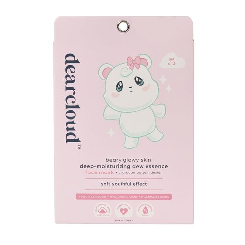 Dearcloud Beary Glowy Skin Face Mask - Deep Moisturizing Dew Essence with Vegan Collagen & Hyaluronic Acid (3 Count)