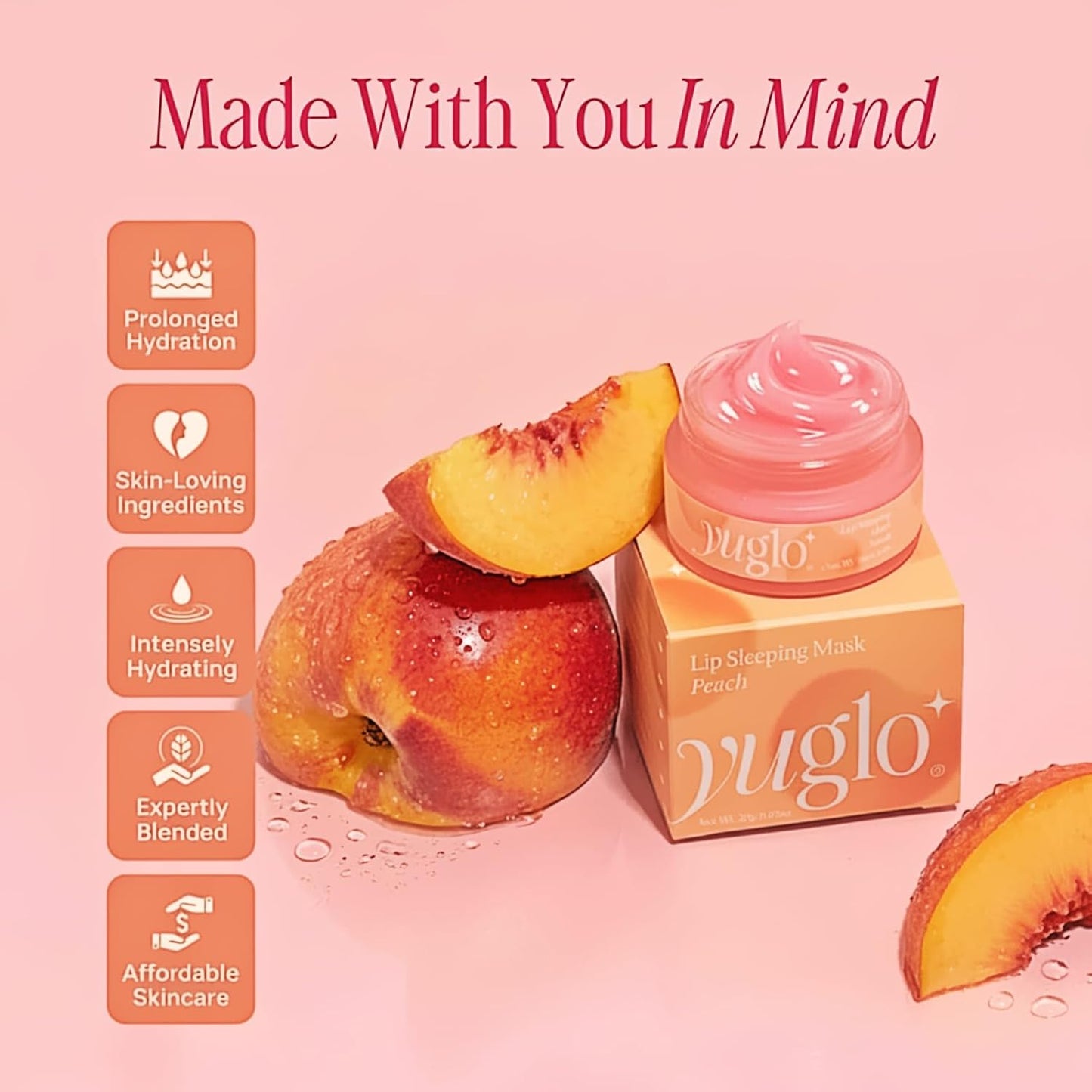 YUGLO Lip Sleeping Mask Peach - Hydrating Overnight Lip Moisturizer & Plumping Gloss Balm