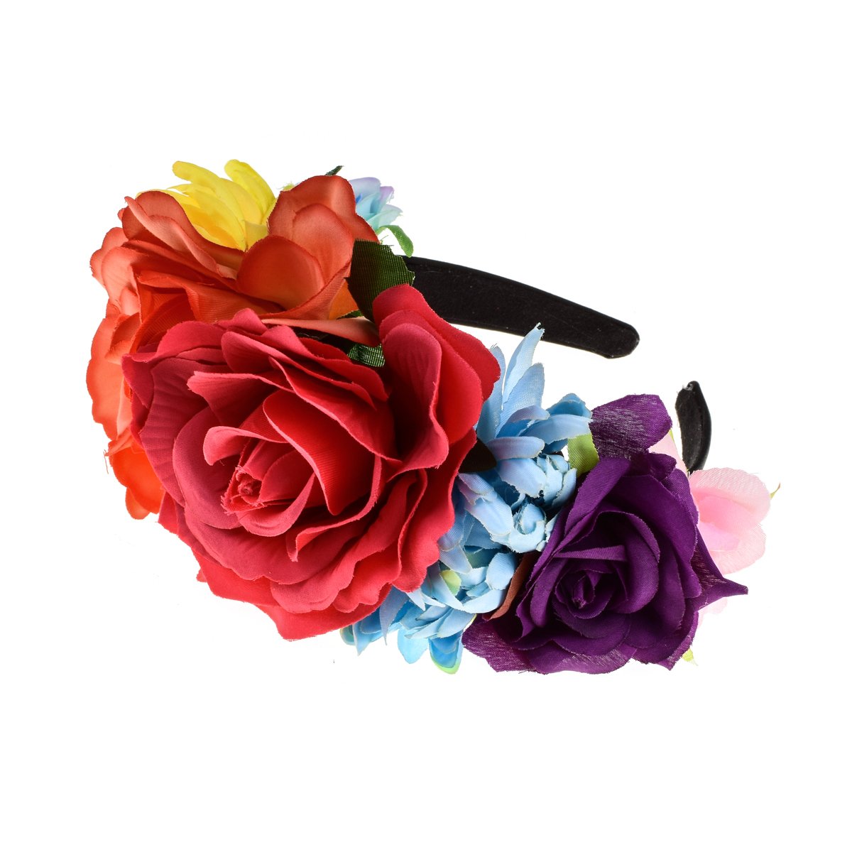 Floral Fall Day of the Dead Flower Crown Festival Headband Rose Mexican Floral Headpiece HC-23 (Fuchsia Orange)