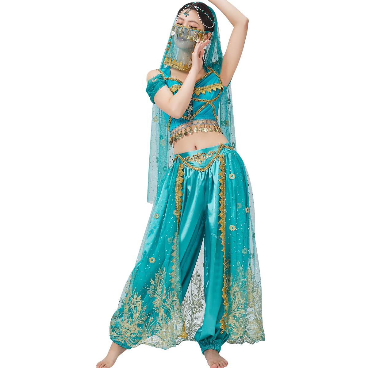 COWINTIC Belly Dance Princess Costume - Aladdin Jasmine Cosplay Outfits Halloween Party Teal Costumes for Women/Girls(Adult,L)