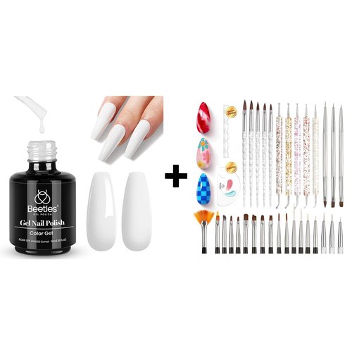 Beetles White Gel Nail Polish,15ml Fall Soak Off UV Gel Polish & 31pcs Nail Art Brushes with Palette Holder All in One for Starter Manicure Design Set