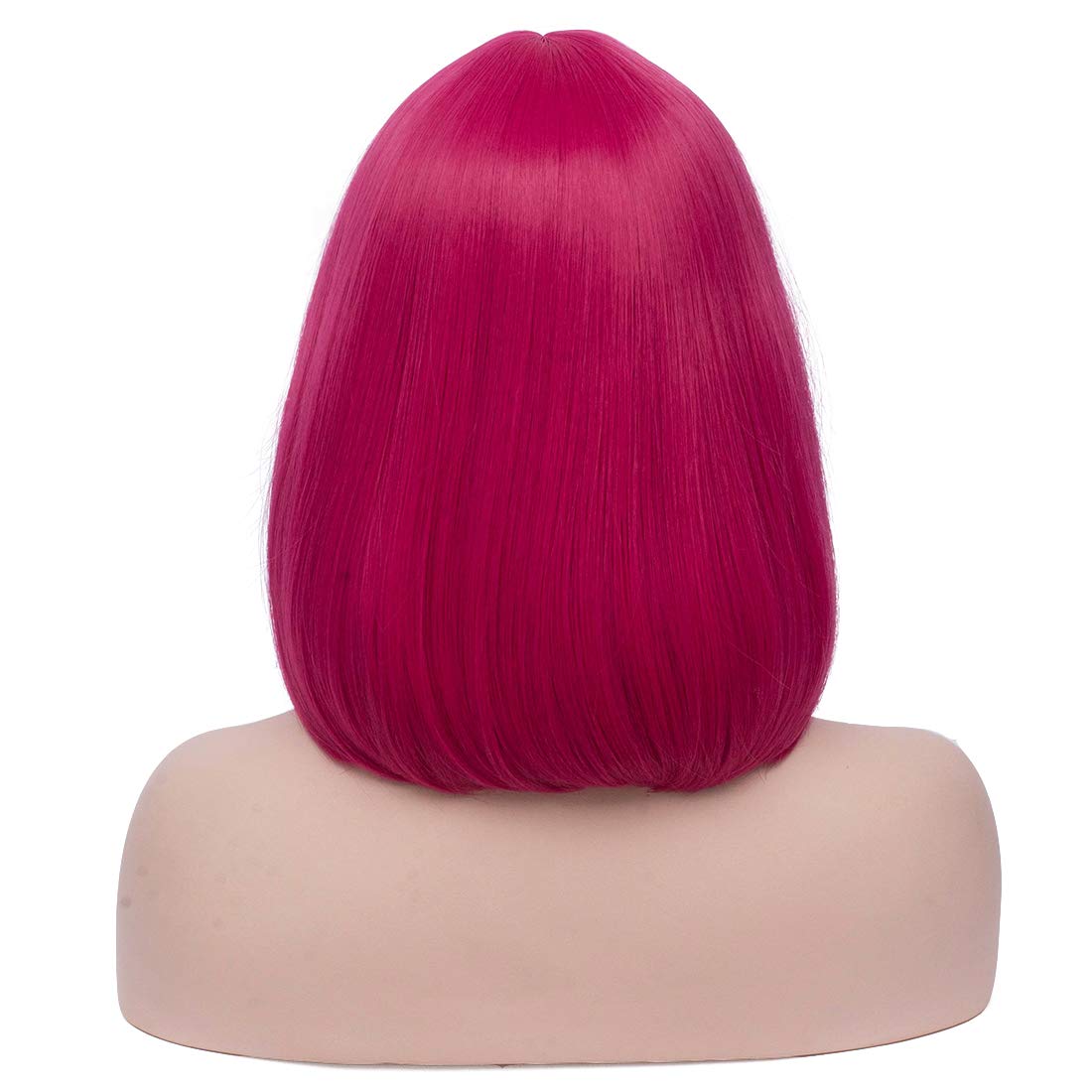 BERON 12 Inches Dark Pink Wig Short Straight Bob Hot pink Wig with Bangs for Women Halloween Cosplay or Daily Use Wigs (Dark Pink)