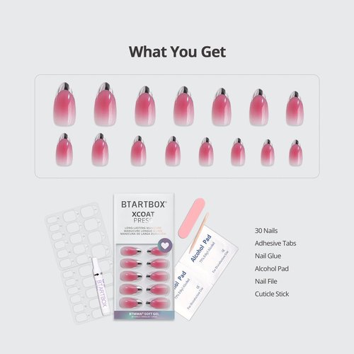 BTArtbox French Tip Press On Nails - Lamp-Curable Blush Pink Almond Press On Nails with Glue for Women, Silver Outline Soft Gel Glue On Nails in 15 Sizes - 30 Stick On Nails Kit, Lolita Razor