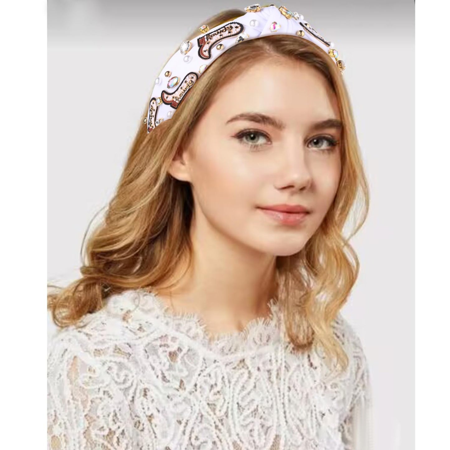 Western Cowgirl Headband Accessories for Women Beaded Cowboy Boot Embellished Headband Rhinestone Crystal Pearl Top Knot Headband Rodeo Nashville Bachelorette Party Country Concert Outfit (White)