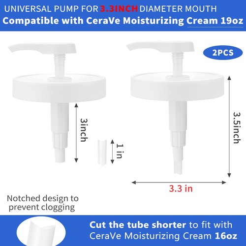 Pump Lid for CeraVe Moisturizing Cream 19oz (2Pcs) Universal Pump for 3.3inch Diameter Mouth, Cream Pump Dispenser Fits for CeraVe 16oz Jars When Cut Tube Short
