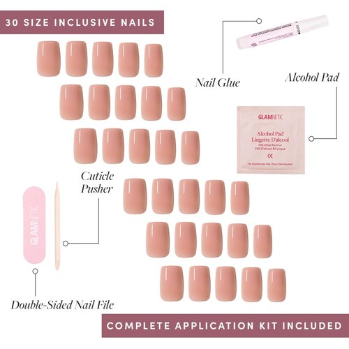 Glamnetic Press On Nails - In The Nude | Medium Square Fake Nails, Sheer Nude Neutral, Salon Quality | 15 Sizes - 30 Nail Kit