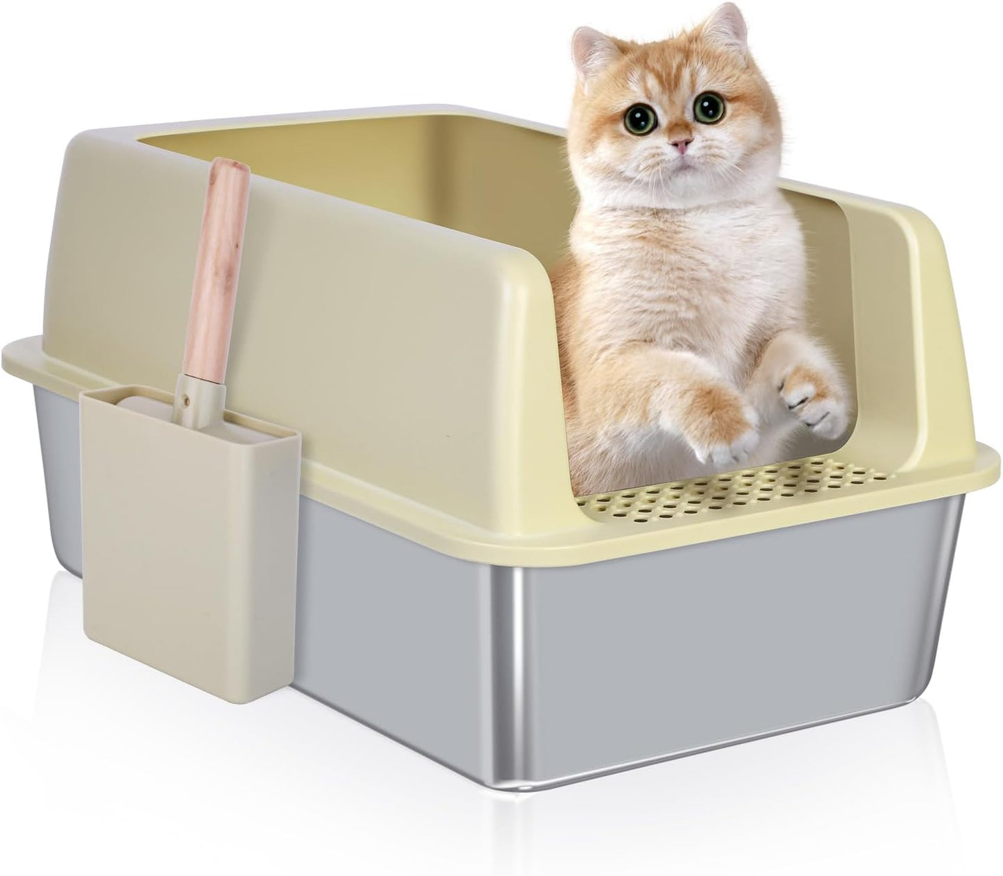 Enclosed Stainless Steel Cat Litter Box with Scroop&High Wall - Extra Large Metal Litter Box Stainless Steel for Big Cats,Non-Sticky, Anti-Leakage (Yellow Old)