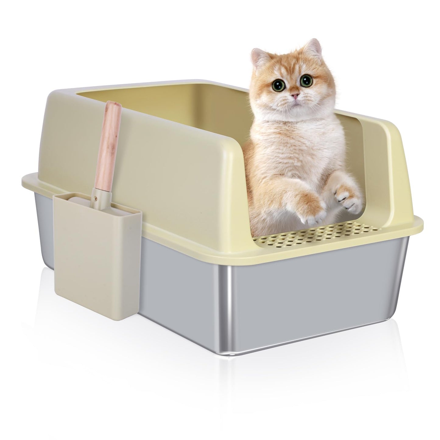 Enclosed Stainless Steel Cat Litter Box with Scroop&High Wall - Extra Large Metal Litter Box Stainless Steel for Big Cats,Non-Sticky, Anti-Leakage (Yellow Old)