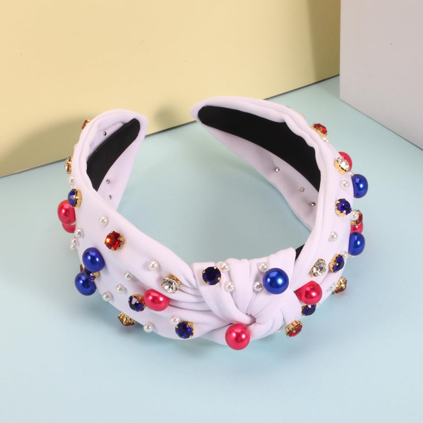 Ardorchid Fourth of July Headbands for Women Girls Red White and Blue Pearl Wide Knottted Headband American Independence Day Patriotic Headband Rhinestone Hair Accessories Non Slip Hair Hoop