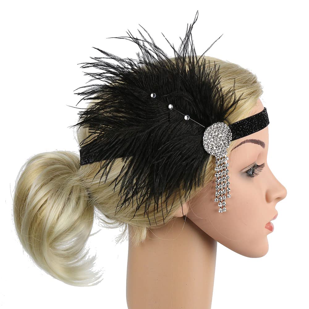 STIOEDYUAN 1920s Flapper Headband Hair Accessories For Women Roaring 20s Feather Headpiece Hair Band Vintage Gatsby Party Rhinestone (Black+White)