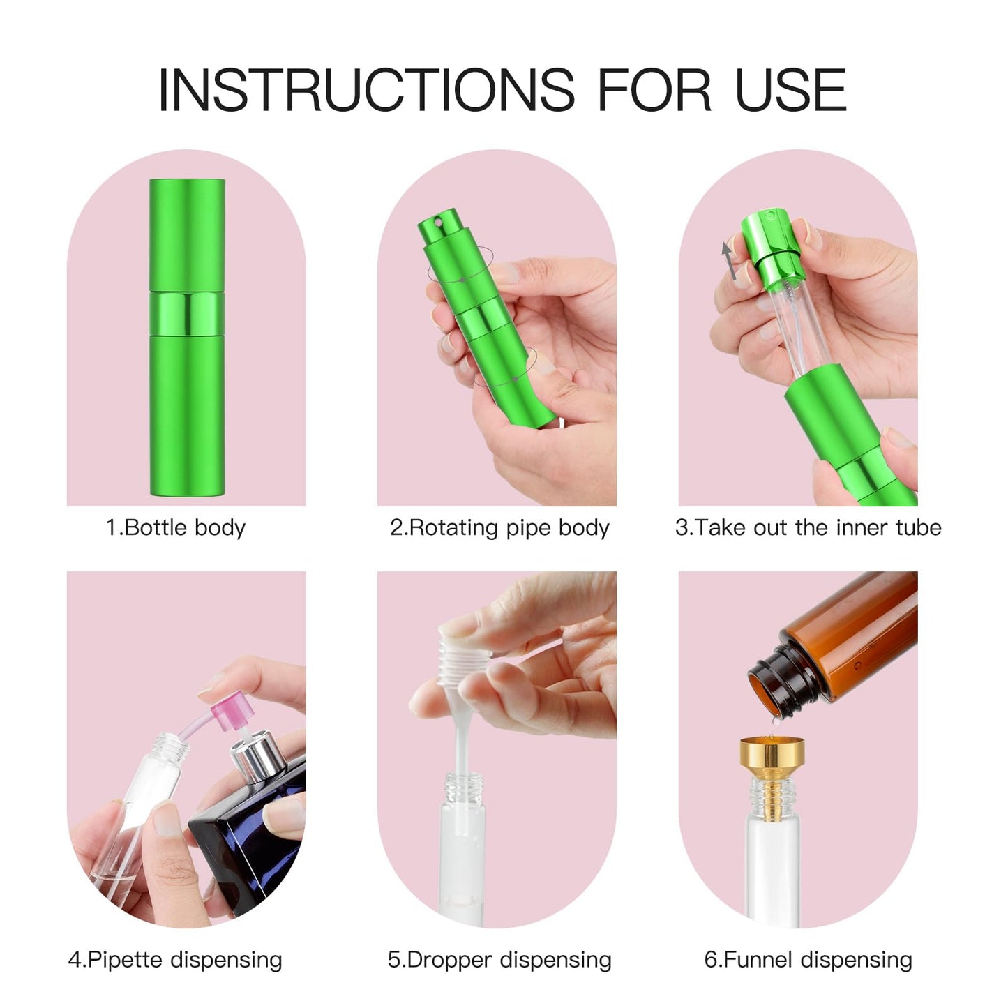 Tekson 8ml Travel Perfume Atomizer Refillable, Mini Cologne Spray Bottle Empty, Small Aftershave Portable Sprayer for Liquid Dispenser (Green&Orange)
