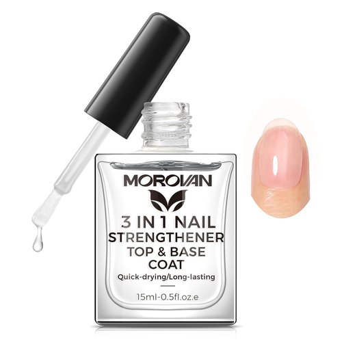 Morovan Nail Strengthener - 3-in-1 Base Coat & Top Coat for Quick Drying, Clear Finish, Long-Lasting Shine