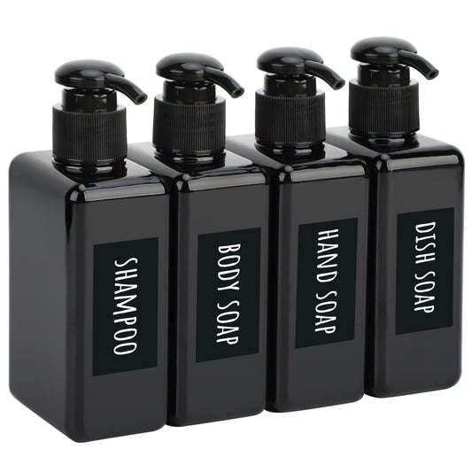 Segbeauty 4pcs Square Lotion Dispenser, 6.8oz Empty Shampoo Pump Bottles Small with Labels, 200ml Refillable Portable Plastic Press Bathroom Shower Dispenser Liquid Soap Containers for Travel Black