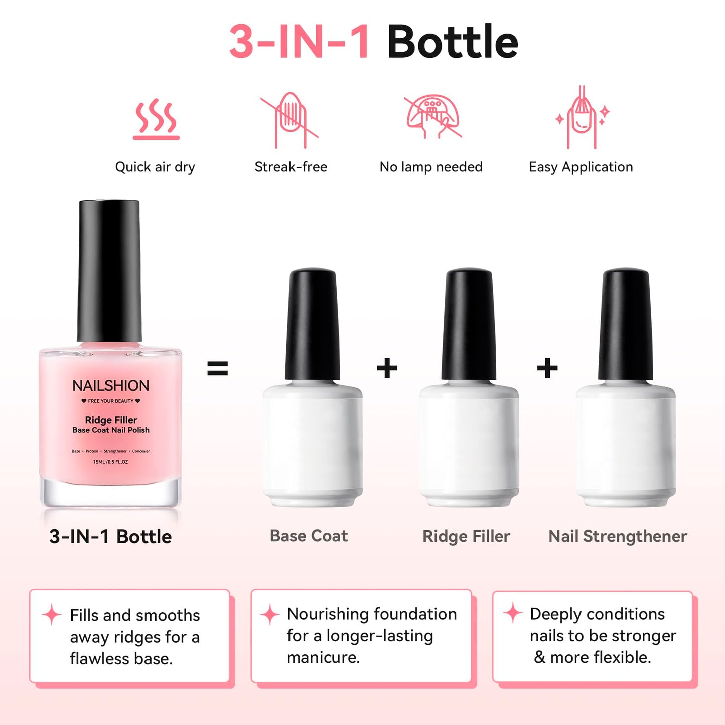 Ridge Filler Base Coat 3-in-1 Nail Strengthener Growth for Damaged Uneven Nails & Ridges, Nourish VE & Protein-Fortifying Leveling Base for Smooth, Flawless Polish | Vegan Cruelty Free