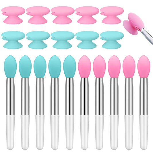 Newtay 20 Pcs Silicone Lip Brush Covers and Brushes for Lip Sticks, Gloss, Balm and Other Cream Makeup Products(Pink, Green)