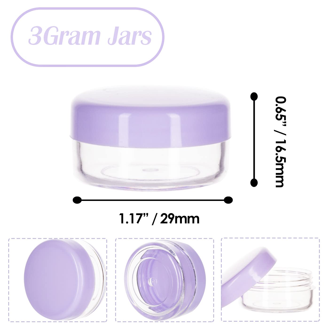 ZEJIA 3 Gram Sample Containers with Lids, 25 Count Tiny Sample Jars, 3ML Makeup Cosmetic Containers for Lip Balms, Lotion, Powder, Beauty Products(Purple Lids)