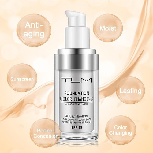 2 PACK TLM Color Changing Foundation Liquid Base,TLM Concealer Cover Cream,All Day Flawless Warm Skin Tone BB Cream Makeup Base Concealer for All Skin SPF15