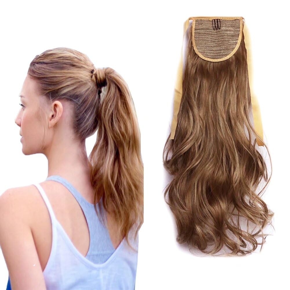 iLUU Tie Up Ponytail with Bangs Hair Extensions Clip in Wavy Hair Pieces Extension Curly Natural Synthetic Fibre Hair Ponytails for Women 20"/90g-Strawberry Blonde/bleach blonde