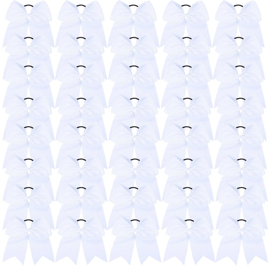 chiduerm 40Pcs 8" Large Cheer Hair Bows Grosgrain Ribbon Elastic Bands Handmade Ponytail Holder for Cheerleading Girls School College Sports (white)