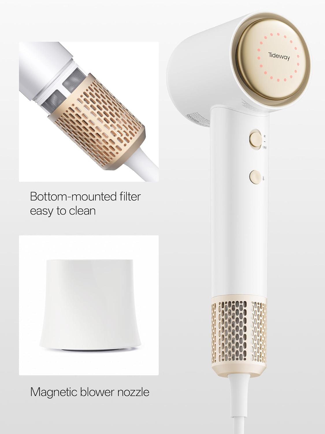 Tideway Hair Dryer - Ionic 1500W Professional Blow Dryer with Diffuser | Fast Drying, Low Noise, Compact (Gold)