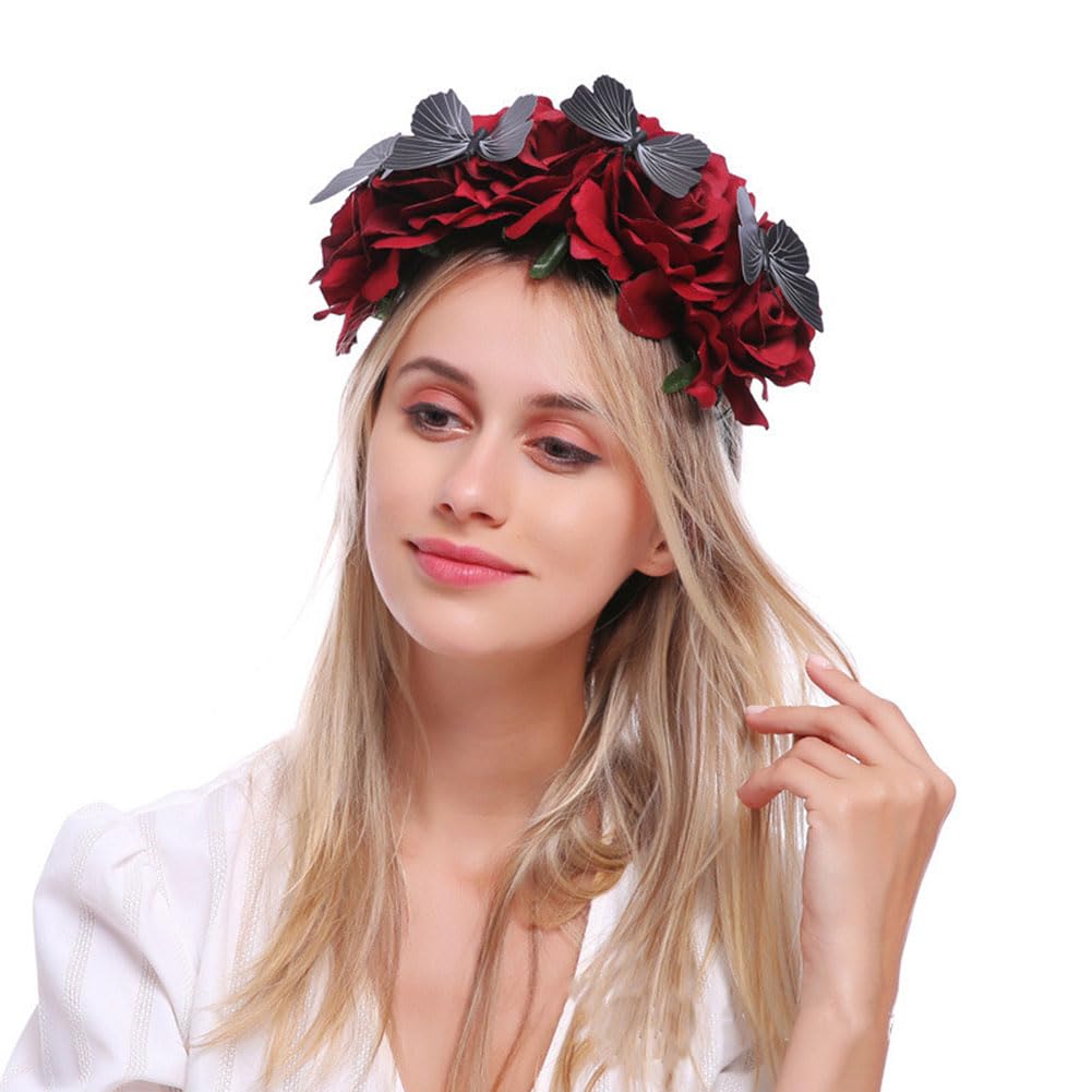 Flower Crown Headband Halloween Gothic Red Rose Floral Hair Wreath Tiara Queen Bridal Headpieces Hair Hoop for Women Girls