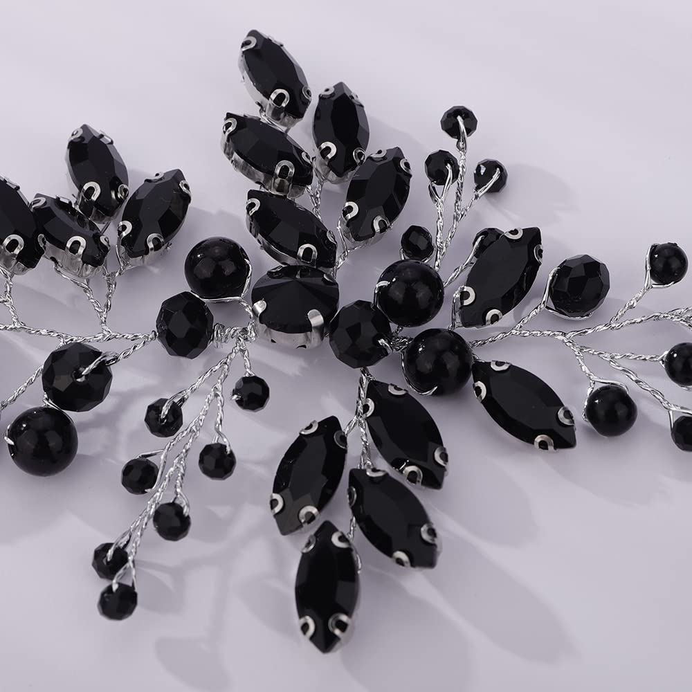 Teyglen Vintage Hairband - Black Crystal Rhinestone Hair Vine Bridal Pearl Headband for Brides, Women