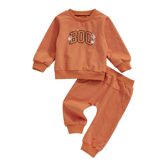 FYBITBO Toddler Baby Halloween Outfits Boy Spooky Season Crewneck Sweatshirt Top Shirts Pants Fall Halloween Clothes Set (Boo Ghost-Orange, 0-6 months)