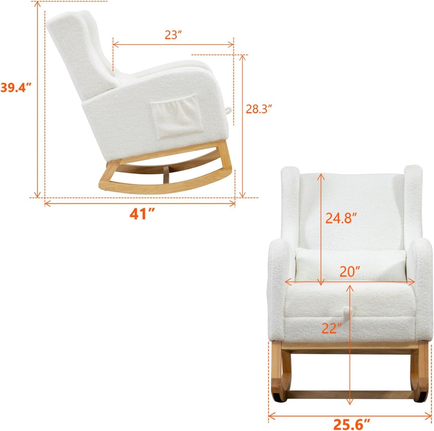 Modern Rocking Chair Nursery Glider, Comfy Rocker Nursery Chair with Foot Rest, Accent Reading Chair with Pillow and Pocket, Upholstered Lounge Chair with Solid Wood Base for Relaxing, Resting (Ivory)