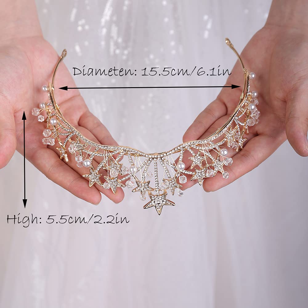 Wekicici Rhinestone Tiara Star Wedding Princess Crown Bridal Headpiece Crystal Headband Gifts for Women Birthday Prom Bridal Party Pageant Halloween Costume(Gold)