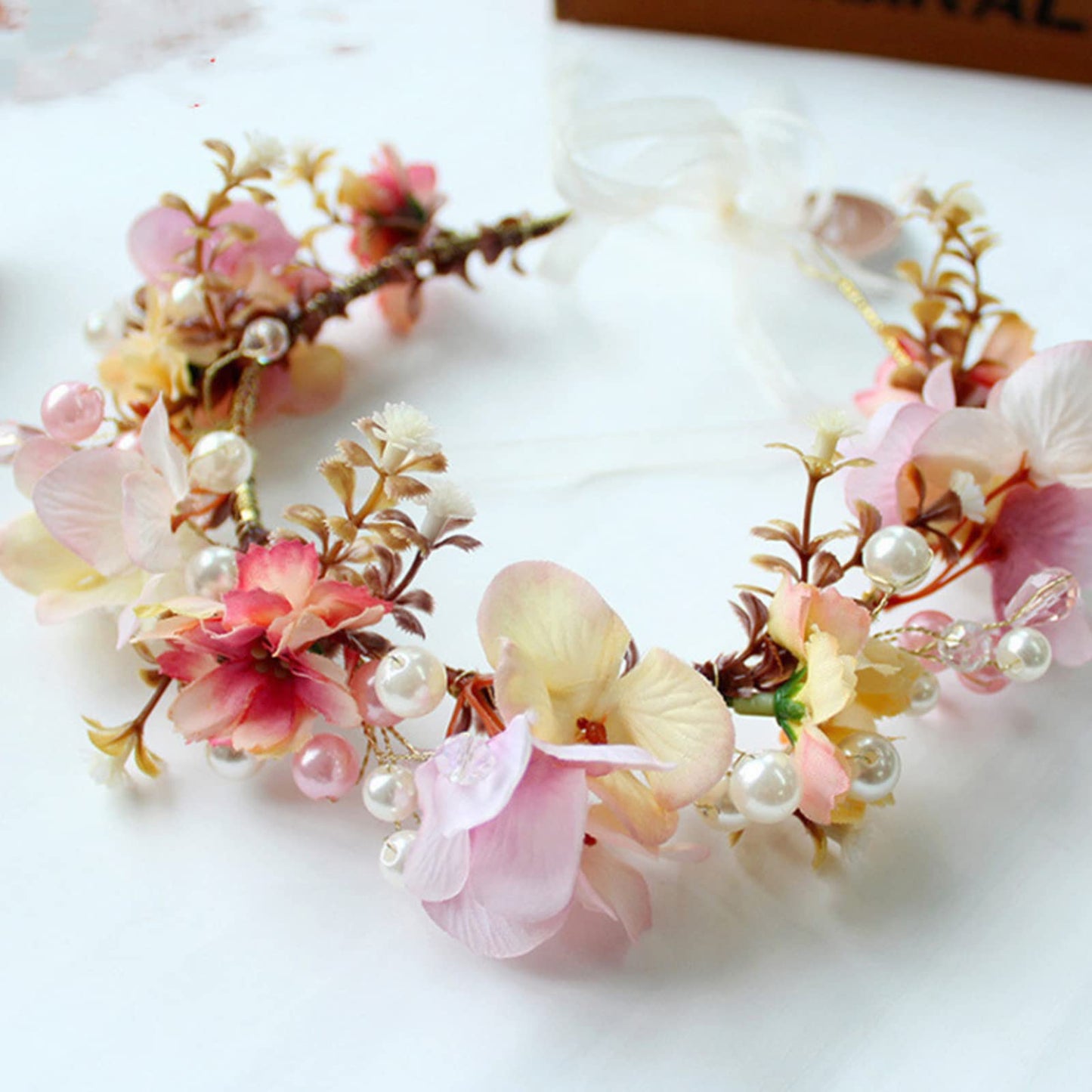 YnimioAOX Handmade Adjustable Flower Wreath Headband Halo Floral Crown Garland Headpiece,N8-pearl pink