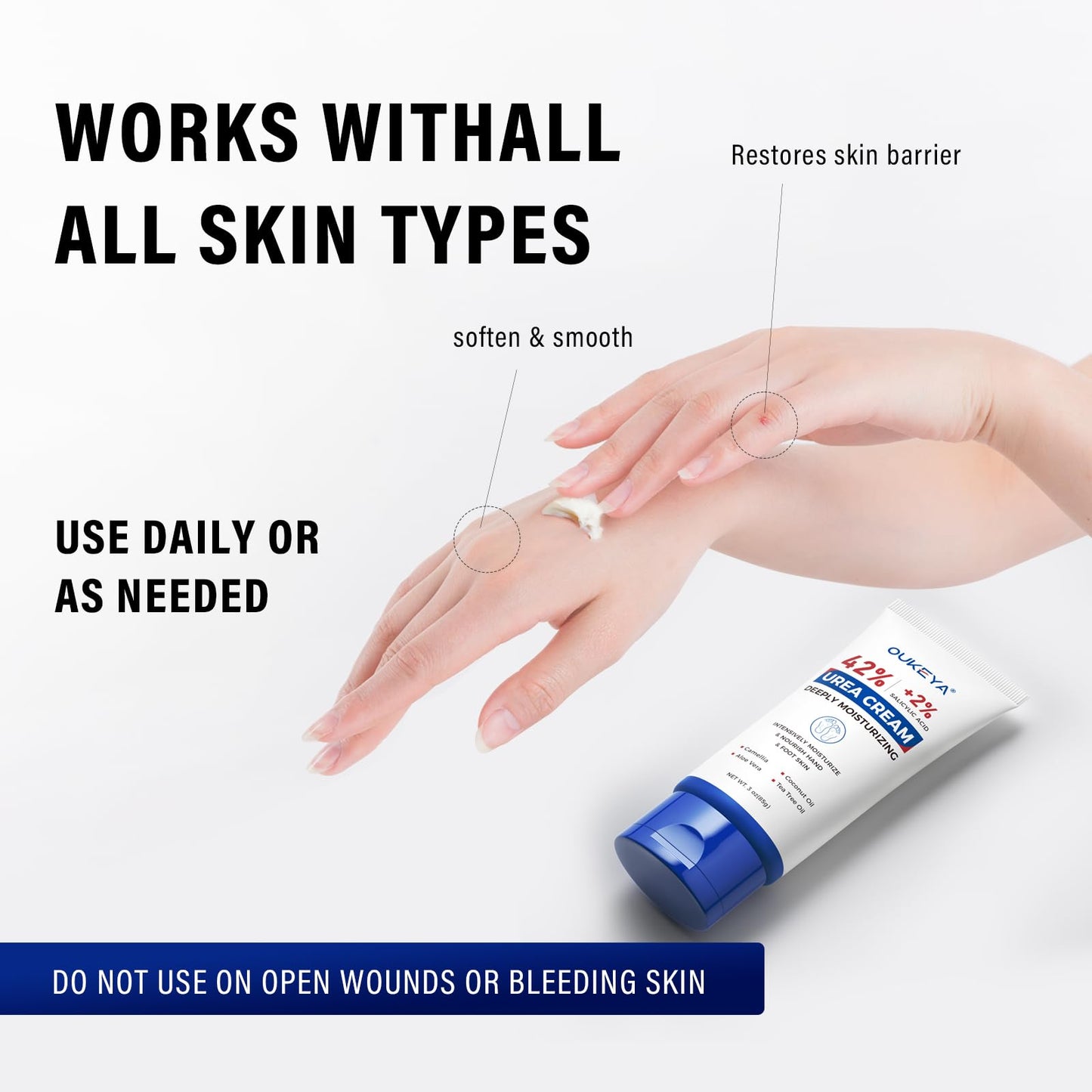 OUKEYA Urea Cream 42 Percent with 2% Salicylic Acid Tube 3 Oz, Urea Foot & Hand Cream for Dry Cracked, 40 per Urea Lotion for Feet Maximum Strength