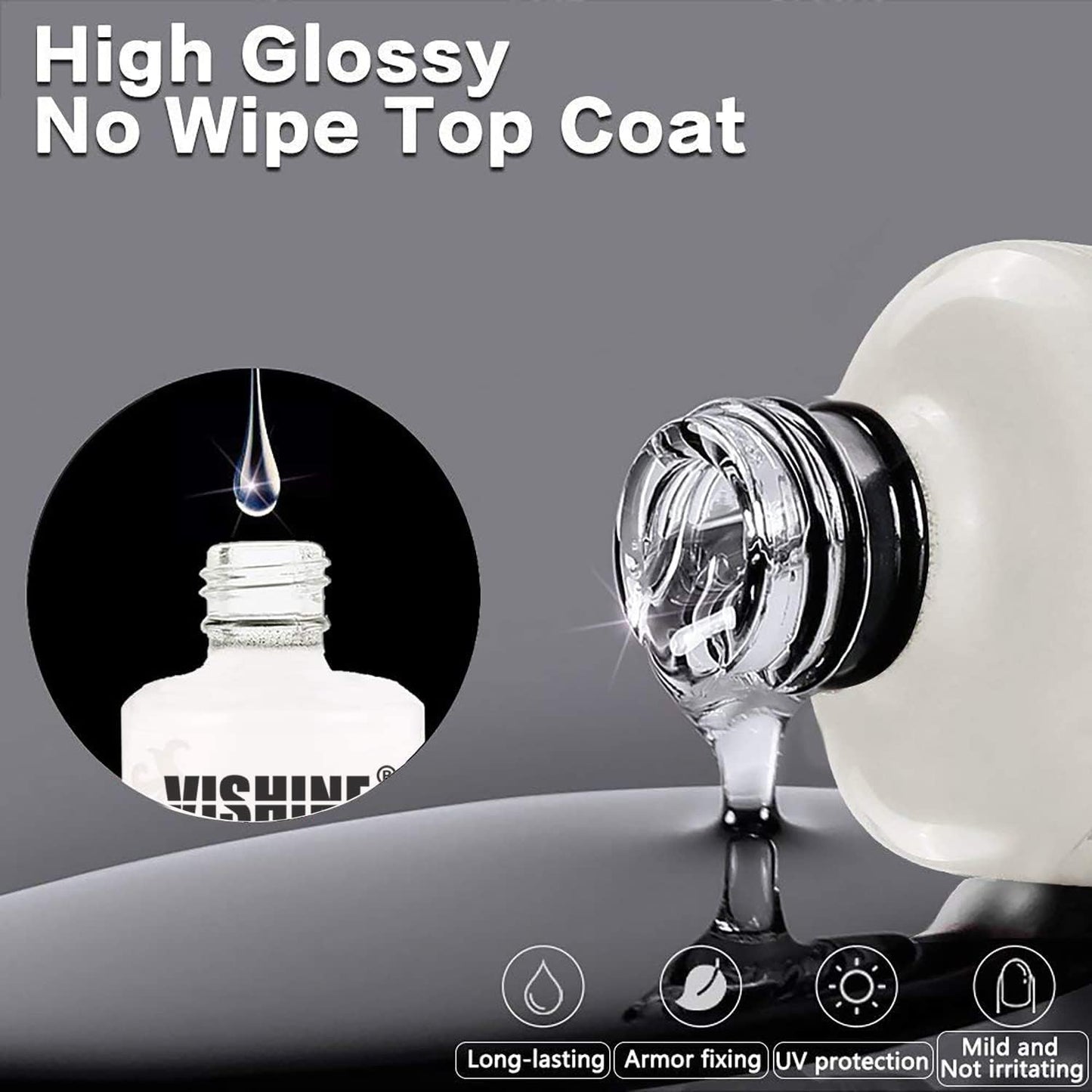 Vishine No Wipe Top Coat | 15ml Long-Lasting UV LED Nail Varnish for Shiny Finish