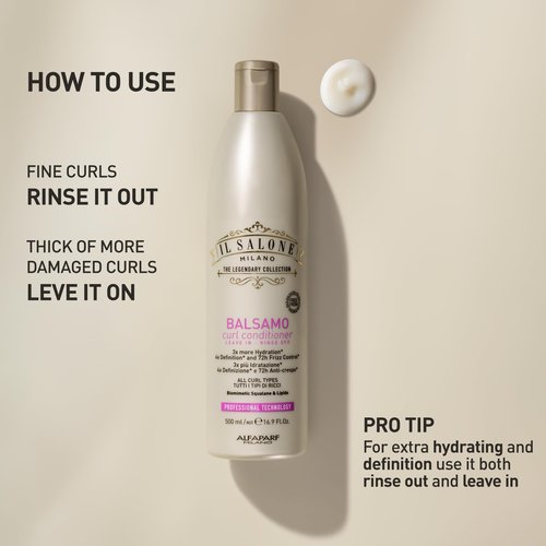Il Salone Milano Professional Curl Conditioner - Dual Use Leave In Conditioner or Rinse Off - Heat Protection - Hydrates, Moisturizes, Softens - For All Curl Types (16.9 fl oz / 500ml)