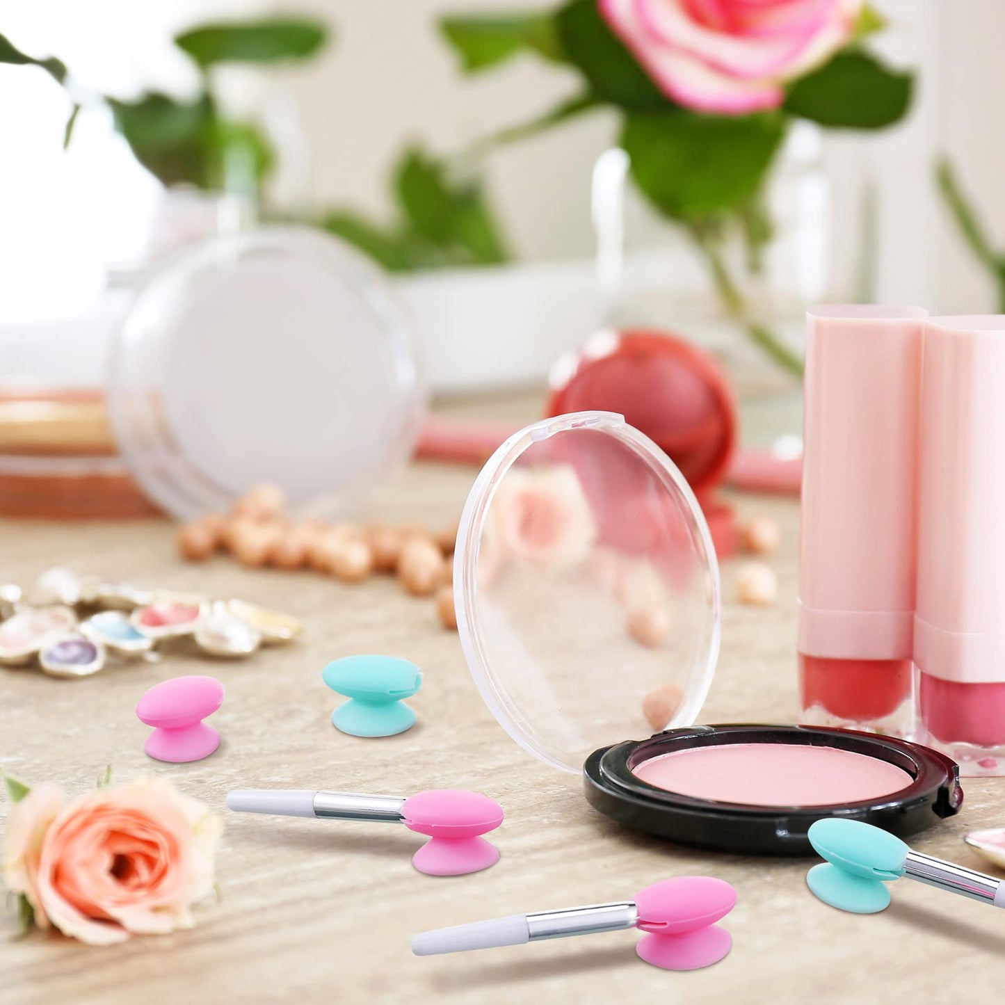 Newtay 20 Pcs Silicone Lip Brush Covers and Brushes for Lip Sticks, Gloss, Balm and Other Cream Makeup Products(Pink, Green)