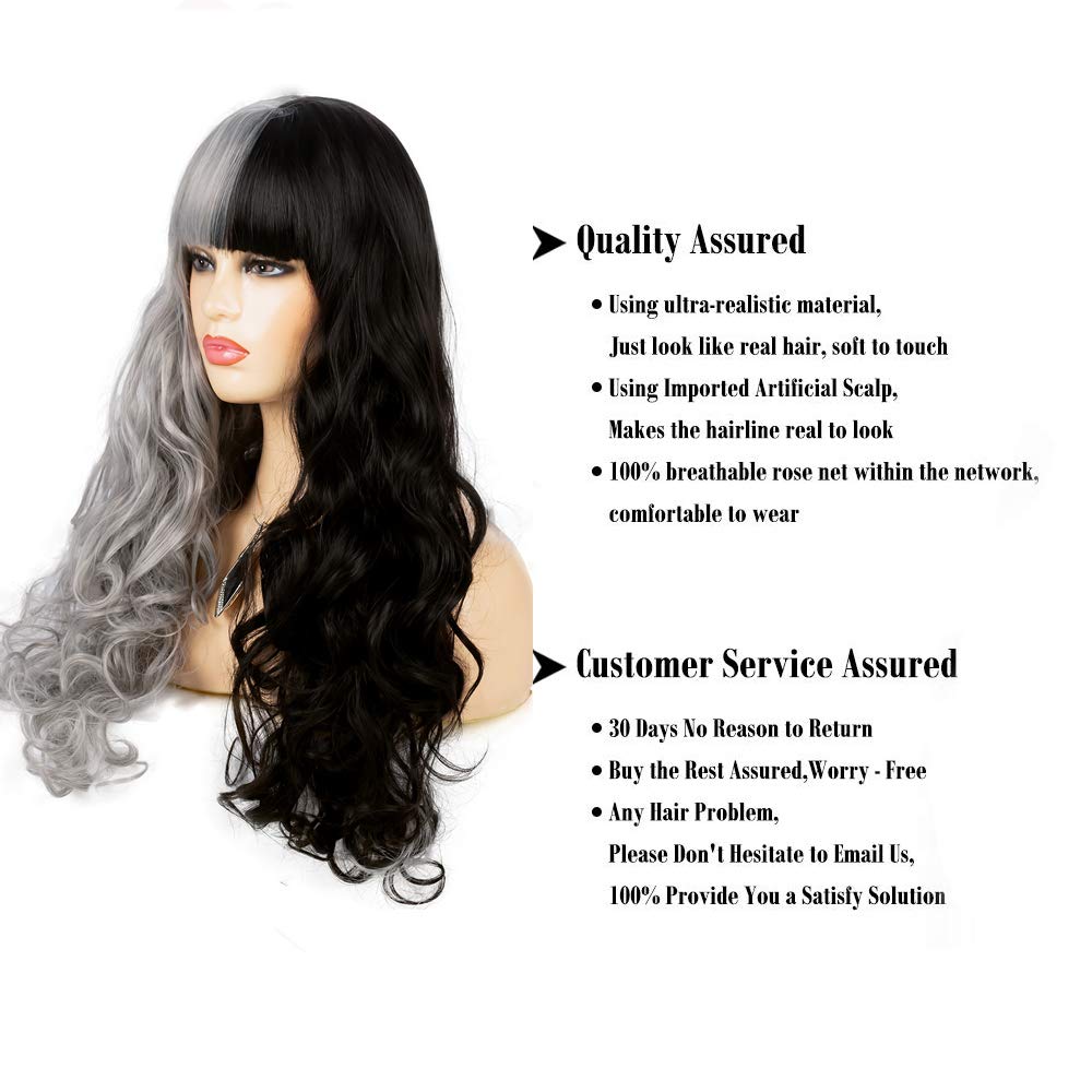 Baruisi Half Black Grey Wig With Bangs Long Curly Wavy Synthetic Heat Resistant Costume Cosplay Wigs for Women