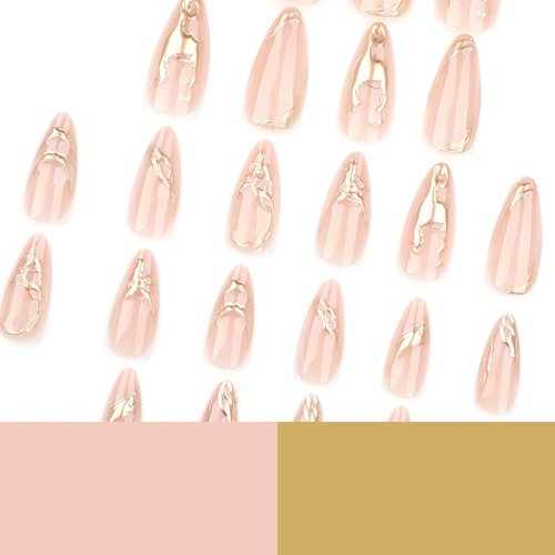 Gold Press On Almond False Nails - Medium Fake Nails with 3D Gold Chrome Design - Glossy Full Cover Stick On Press Ons for Women - 24 Pcs