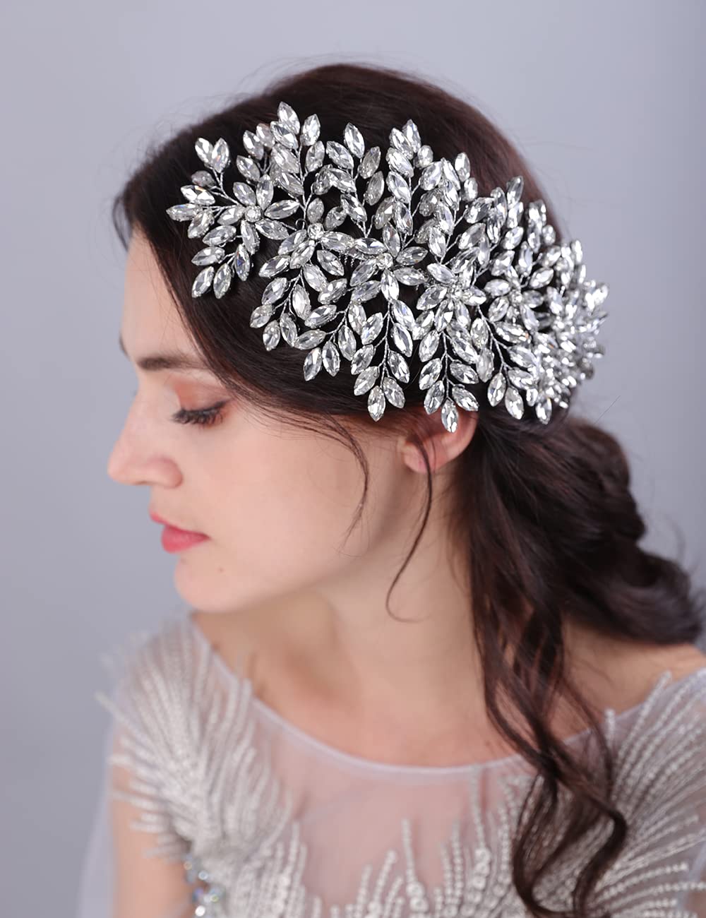 Teyglen Large Full Rhinestones Flower Bride Wedding Hair Comb Headband Luxurious Hair Accessories Dainty Crystals Bridal Side Hair Combs for Women Bride Girls (AB Color)