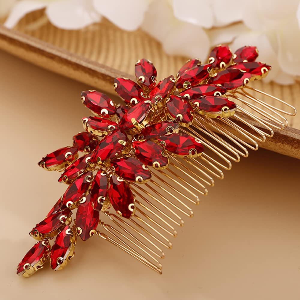 BERYUAN Crystals Hair Comb for Bride for Women for Girls Cute Teardrop Hair Comb Slide Multi-Color RED