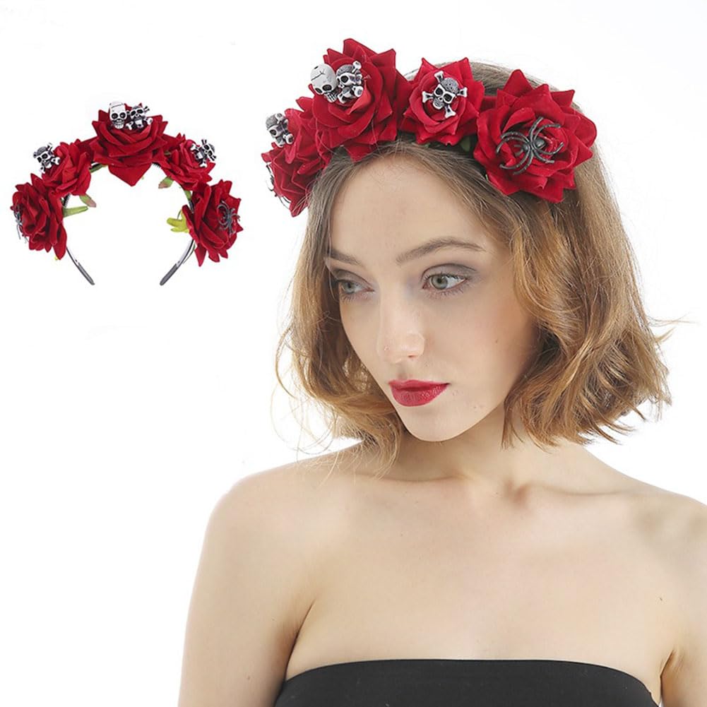 Halloween Skull Floral Crown Headband Mexican Day of the Dead Costume Gothic Rose Flower Garland Headwear Hair hoop for Women