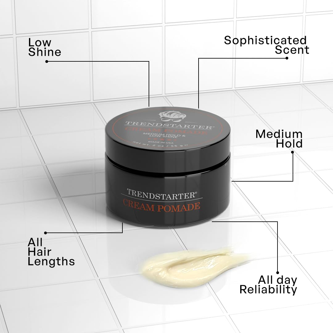 TRENDSTARTER Cream Pomade - Medium Hold, Low Shine | 2oz Travel Size Water-Based Hair Styling Product