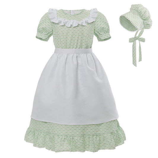 NSPSTT Pioneer Dresses for Girls Colonial Costume Prairie Dresses for Girls Polka Dot Dress, Green XXL