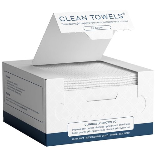Clean Skin Club Clean Towels® - 100% Biobased Disposable Face Towels | Ultra Soft Makeup Remover, 25 Ct