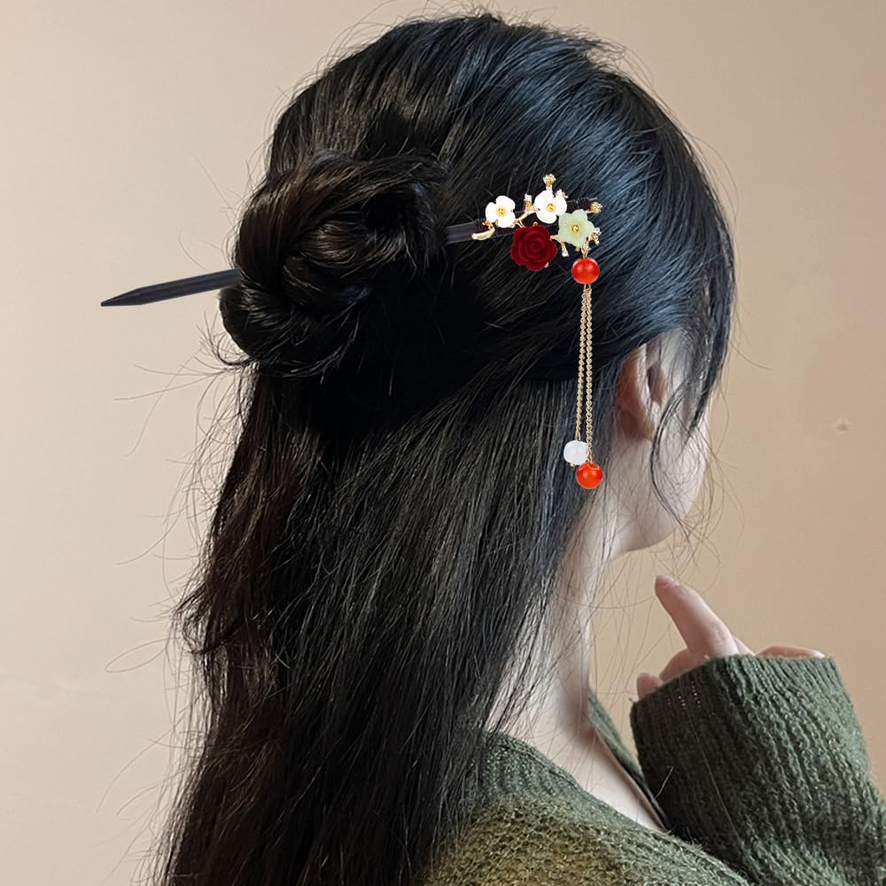 inSowni 8 Pieces Retro Asian Chinese Traditional Hanfu Flower Butterfly Wooden Hair Sticks Pins with Bead Pendants Hair Forks Chopsticks Bun Updo Holders for Women Girls