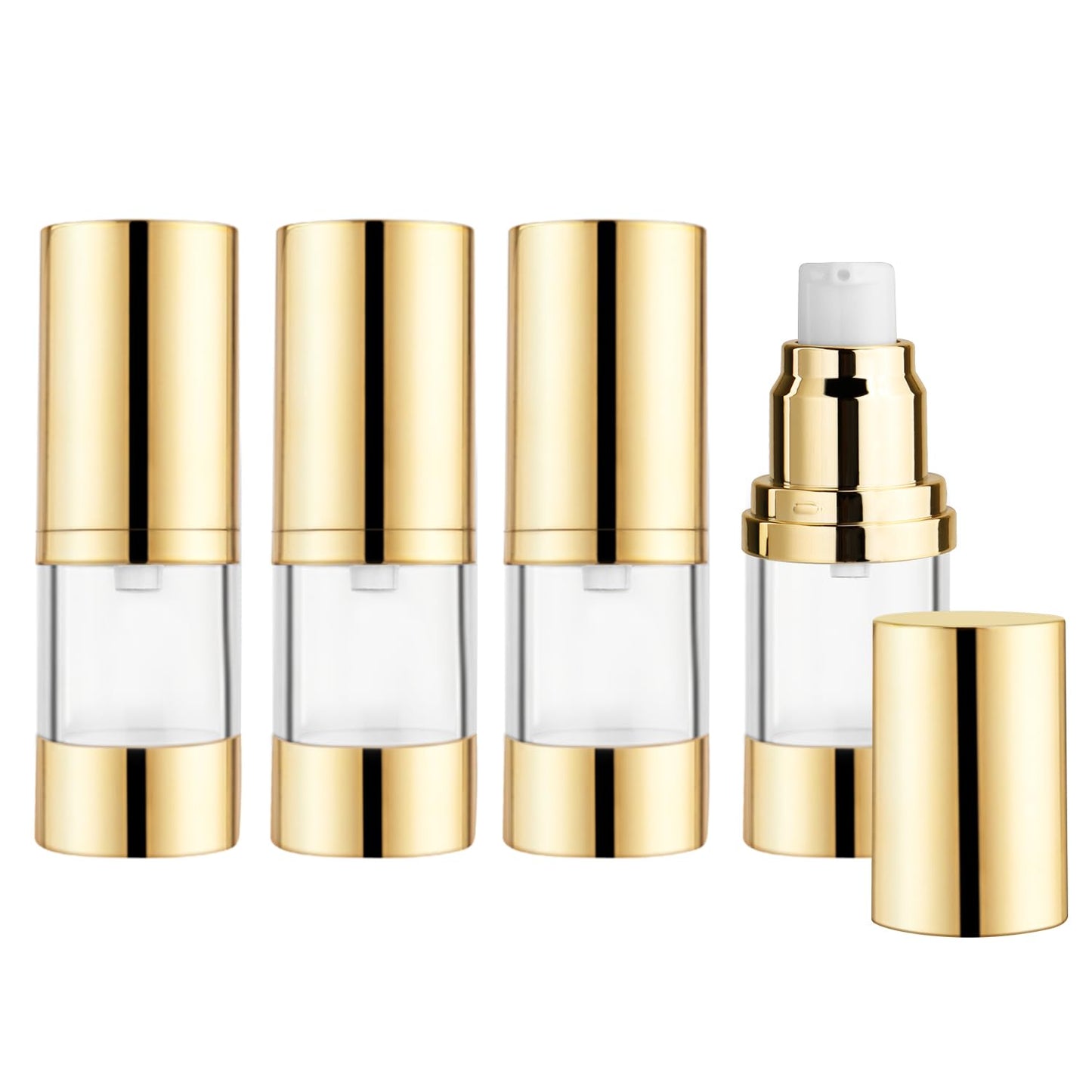 BOSMIOW 4Pcs 15ml/0.5oz Clear Plastic Airless Pump Bottles with Gold Head Empty Refillable Vacuum Bottles Travel Size Cosmetics Sample Storage Jars for Lotion,Shampoo,Hand Soap,Face Cream