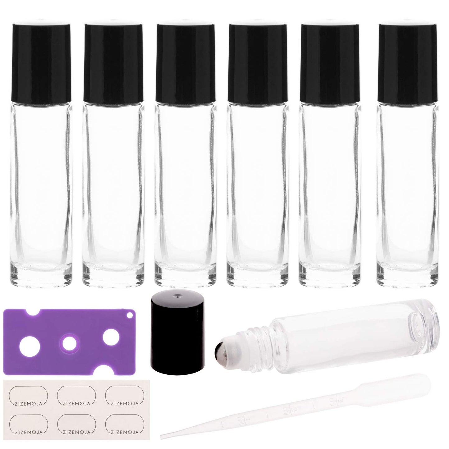 ZIZEMOJA 6Pcs 10ml Essential Oil Roller Bottles, with Stainless Steel Roller Balls, 10ml Clear Glass Roll on Bottles for Essential Oils, 1 Extra Roller Ball, 6 Labels, 1 Openers, 2 Droppers Included