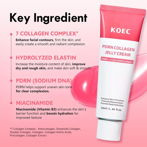 KOEC PDRN Collagen Jelly Cream - Deep Hydration & Skin Elasticity | Pink Peptide Face Moisturizer 1.69 Fl Oz